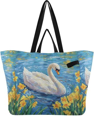 Generic Yellow Floral Swan pattern Reusable Canvas Tote Bag, Heavy Duty Grocery Shopping Bag with Double Handles Hard Bottom Large Capacity Work Groceries Tra