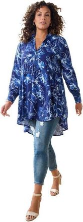 Roaman's Hand Crinkled Fit And Flare Tunic in Navy Painterly Roses at Nordstrom, Size 12