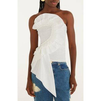 Farm Rio Strapless Smocked Cotton Ruffle Top in White at Nordstrom, Size X-Large