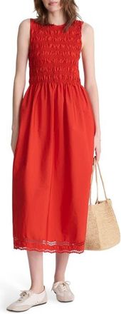 Madewell The Embroidered Melody Smocked Midi Dress in Wild Poppy at Nordstrom, Size Xx-Small