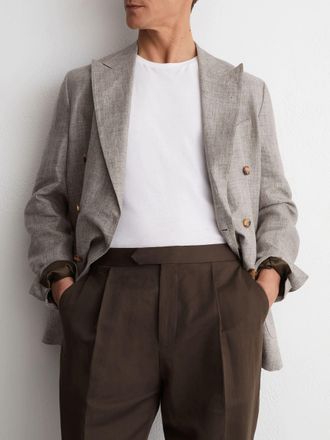 Reiss Chocolate Brown Linen-blend Side-adjuster Tapered Trousers, 34