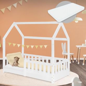 ML Design Ml-design - Cama Infantil Blanca Con Colch&oacute;n De Espuma Fr&iacute;a 70x140 Cm Protecci&oacute;n Antica&iacute;da Techo Somier Estructura Listones De Madera Maciza De Pino P