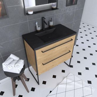 Aurlane Aurlane - Mueble De Ba&ntilde;o 80x50 Roble Oscuro - 2 Cajones - Lavabo Negro Efecto Piedra