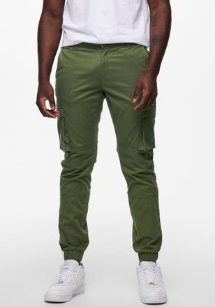 Only & Sons Cargohose ONLY & SONS ONSCAM STAGE CARGO CUFF LIFE 6687 NOOS, Herren, Gr. 28, L&auml;nge 30, gr&uuml;n (olive night), Web, Obermaterial: 98% Baumwolle, 2% Elast