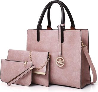 Generic Women Large Satchel Handbag Leather Crossbody Tote Ladies Shoulder Bag Top Handle Purses with Clutch 3PCS Set (Pink)