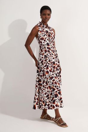 Karen Millen Womens Premium Viscose Linen Topstitch Halter Neck Woven Midi Dress With D Ring Detail - Animal - Size 10 UK