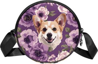 Generic Circle Crossbody Bag for Women, Corgi Floral Purple Small Sling Bag Daypack with Zipper Adjustable Shoulder Straps Casual Ladies Girls Round Purse