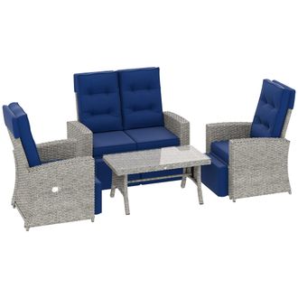 OUTSUNNY 4 Piece Rattan Garden Furniture Set with Sofa - Glass Table - Blue | TJ Hughes