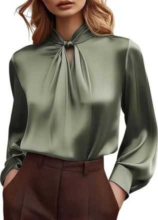 Generic Women Satin Blouse Elegant Smart Bow Tie Neck Long Sleeve Pleated Shirt Ladies Business Casual Office Wear Work Tops(Grey, M)