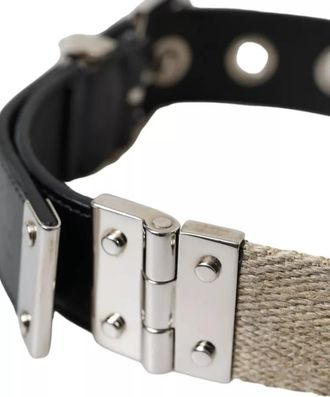 Dolce & Gabbana Black Leather Beige Strap Silver Metal Buckle Mens Belt (Pre-Owned)