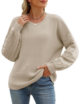 Heekpek Womens Jumpers Ladies Loose Jumpers Long Sleeve Tops Crewneck Cable Knit Sweaters Casual Pullover, Apricot, XL