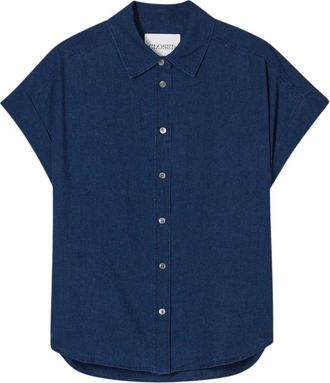 Closed Blouse met korte mouwen- van linnen-katoenmix. 28778 - Dames - Overhemden - Blauw - S - Katoen - Overhemden