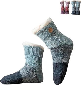 Generic Knitted Ultra-Thick Slipper Home Socks, Non-slip Warm Winter Socks with Fleece Lined, Soft Plush Comfort, Unisex (1Pair-Blue)