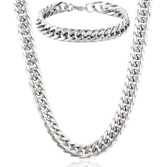 Crucible Jewelry Mens Bracelet and Necklace Stainless Steel Curb Chain Set