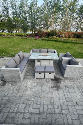 Fimous Rattan Fire Pit Dining Set Set Gas Heater Burner Lounge Sofa Dining Set Chairs Stools in Light Grey