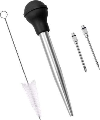 OEM Jeringa Para Pavo, Acero Inoxidable, Con Bola De Succi&oacute;n De Silicona, Apto Para Cocinar, Hornear E Inyectar Adobos, 5,5 X 27 Cm, Negro/plata
