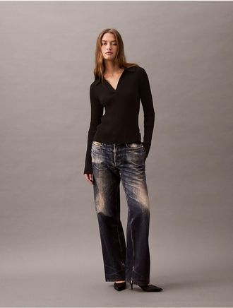 Calvin Klein Jeans Calvin Klein Womens Smooth Cotton Rib Long Sleeve Polo Sweater - Black - XL