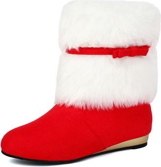 Generic Womens Christmas Ankle Snow Boots Warm Faux Fur Trim and Bowknow Decor Comfort Flats Slip On Winter Shoes (7.5,Red)