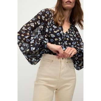 Veronica Beard Alec Floral Silk Chiffon Button-Up Shirt in Navy Multi at Nordstrom, Size 10