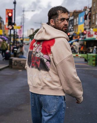 Topman Mason Newman x Topman - Felpa squadrata color pietra slavato con cappuccio e stampa Hotel Bar sul davanti e sul retro-Marrone