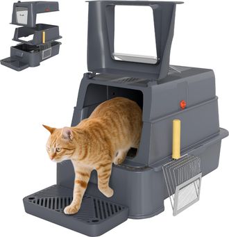 OEM Arenero Para Gatos De Acero Inoxidable Xl Con Tapa Abatible 180&deg; Laterales Altos Pedal Pala Gris Oscuro
