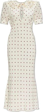 Alessandra Rich Zijden jurk met polkadotprint en dubbele kraag - Dames - Maxi kleedjes - Beige - XS - Polyester - Kleedjes