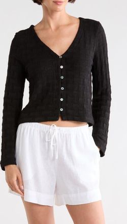 Madewell Basket Weave Knit Bell-Sleeve Button-Up Shirt in Jet Black at Nordstrom, Size Medium