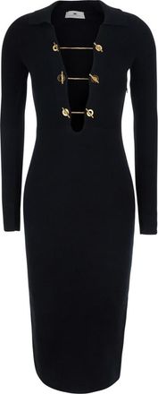 Elisabetta Franchi Black Textured V Neck Midi Dress