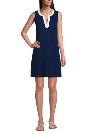 Lands End Cotton Jersey Notch Neck Dress with Soutache in Deep Sea Navy/white at Nordstrom, Size X-Small P