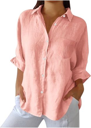 Generic Womens Linen Shirts UK Sale Clearance Long Sleeve Tops Button Down Blouses Cotton Linen Tunic Tops Ladies Loose Casual Lapel Neck Shirt Plain Longline
