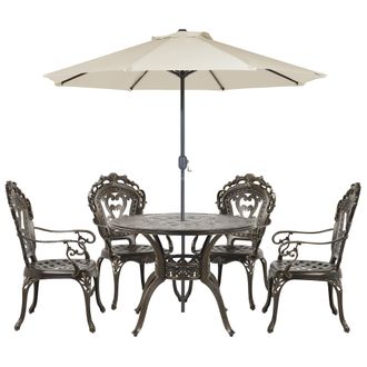 Beliani Conjunto De Comedor 4 Plazas De Metal Marr&oacute;n Verde Beige Sillas Sombrilla Sapri