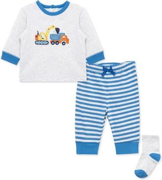 Little Me Work Zone Embroidered Shirt, Pants & Socks Set in Blue Stripe at Nordstrom, Size 18M