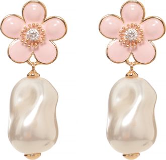 Self Portrait Floral Design Pearl Earrings With Zircon Accents