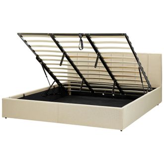 Beliani Cama Con Somier De Poli&eacute;ster Beige Negro 180 X 200 Cm Cabecero Almacenaje Dreux