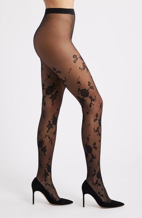 High Heel Jungle Floral Jacquard Sheer Tights in Black at Nordstrom