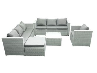 Fimous Wicker PE Rattan Sofa Garden Furniture Set with Armchair Square Coffee Table Big Footstool Light Grey Mixed
