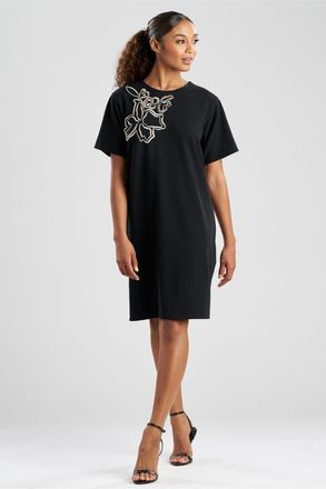 Natori Solid Knit Crepe Short Sleeve Shift Dress with Embellishment in Black at Nordstrom, Size X-Large