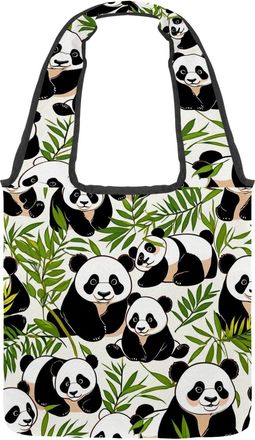 Generic Cute Panda Pattern Reversible Canvas Shoulder Tote - Double-Sided Print, 12oz Cotton, 27cm Drop, Fold-Flat Bag for Travel, Shopping, Street Outings