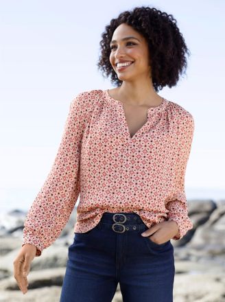 Heine Druckbluse HEINE, Damen, Gr. 34, rosa (rosenquarz, champagner, bedruckt), 100% Viskose, bedruckt, gebl&uuml;mt, gemustert, mehrfarbig, Rundhals, Blusen Dru