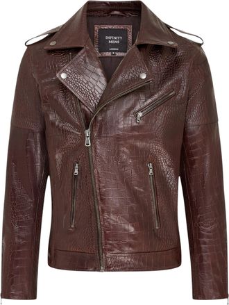 Infinity Leather Mens Brown Cow Leather Alligator Print Embossed Biker Jacket - Rot