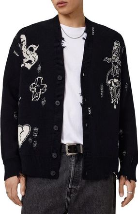 AllSaints Caledon Jacquard Cardigan in Black/Chalk White at Nordstrom, Size Xx-Large