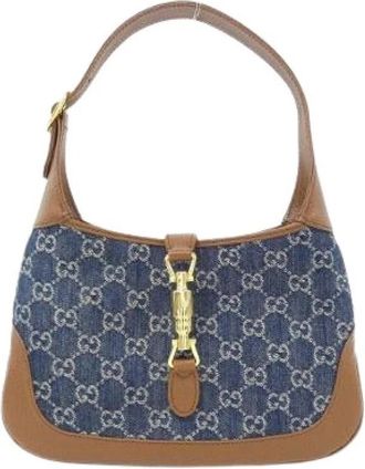 Gucci Pre-owned Jackie 1961 GG Jacquard Denim Leren Schoudertas - Dames - Vintage Schoudertas - Blauw - ONE Size - Denim - Vintage