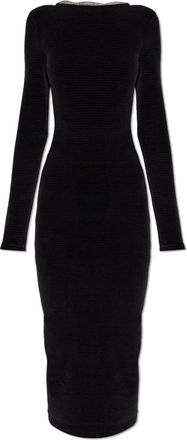 Balmain Fluwelen jurk met decoratieve kristallen bandjes - Dames - Feestkleedjes - Zwart - XL - Katoen - Kleedjes