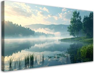 Feeby Cuadro En Lienzo, Bosque Lago Niebla Paisaje, 120x60