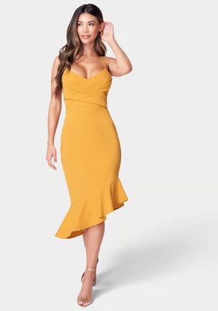 Bebe Crossover Flounce Scuba Dress Women Yellow Crepe Asymmetrical JDM1092