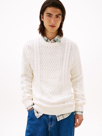 Tommy Jeans Strickpullover TOMMY JEANS BADGE CABLE, Herren, Gr. 3XL, weiss (ancient wei&szlig; tonal), Strick, Obermaterial: 100% Baumwolle, slim fit h&uuml;ftlang, Rundhals