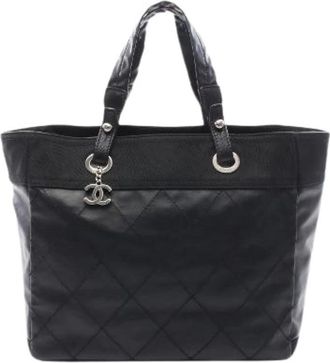 Chanel Pre-owned Tote Bags, female, Black, Size: ONE SIZE Pre-owned Paris Biarritz PVC Coated Canvas Leather Tote Bag