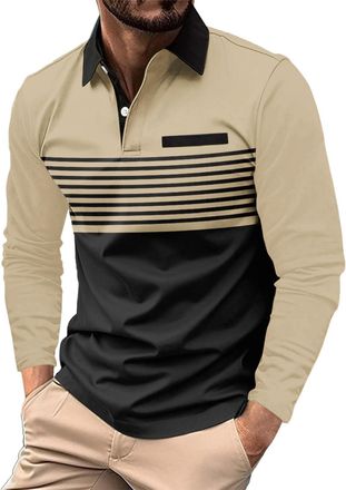 Generic WINWUQB Mens Long Sleeve Polo Shirt Casual Stripe Collar Golf Rugby T-Shirt Fashion Work Sports Top Regular Fit Autumn Outdoor Polos (Beige,XXL)