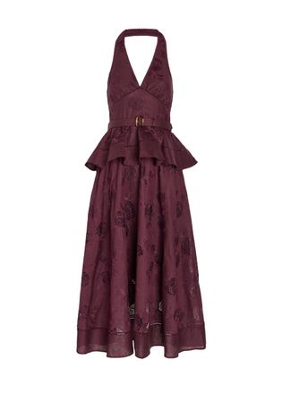Self Portrait Floral-embroidered Belted Linen and Cotton-blend Midi Dress - Burgundy - 10 (UK10 / S)