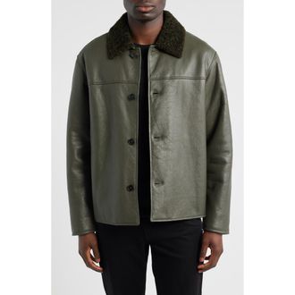 Frame Denim Leather Barn Jacket with Genuine Shearling Collar in Dark Olive at Nordstrom, Size X-Large